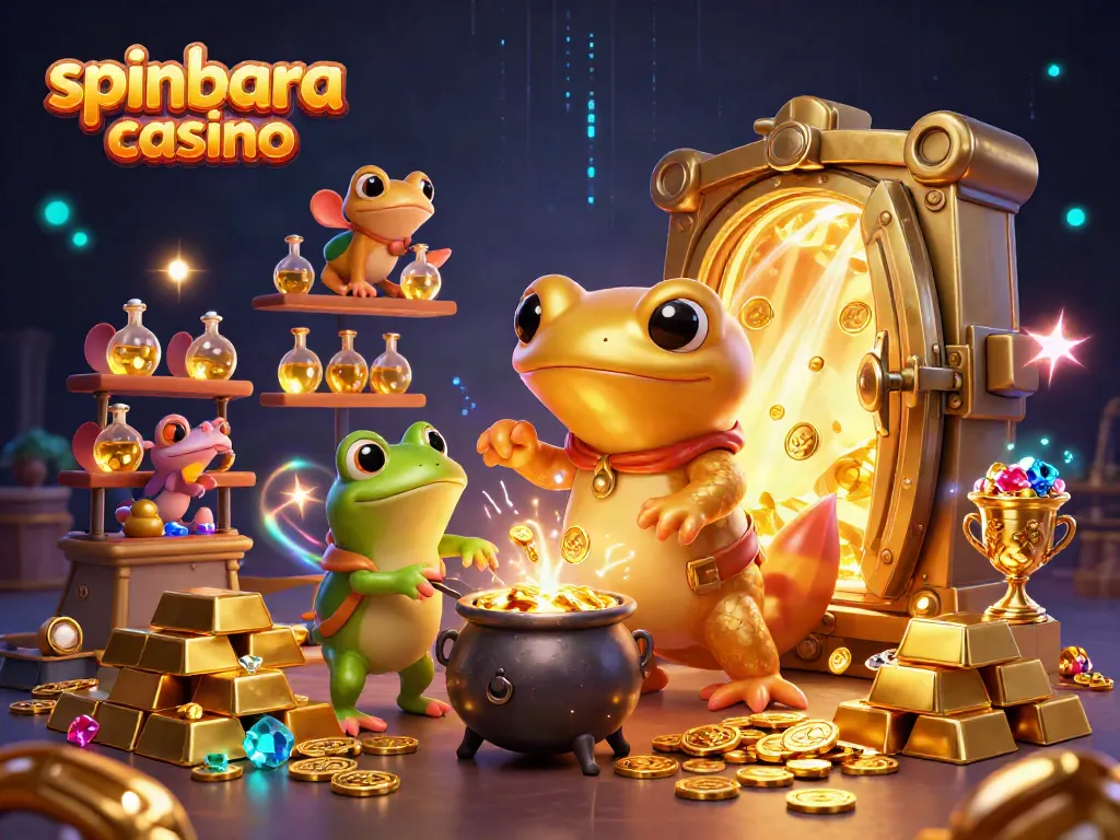 Experience the thrill of spinbara casino with a magical alchemist scene full of gold and gaming excitement.