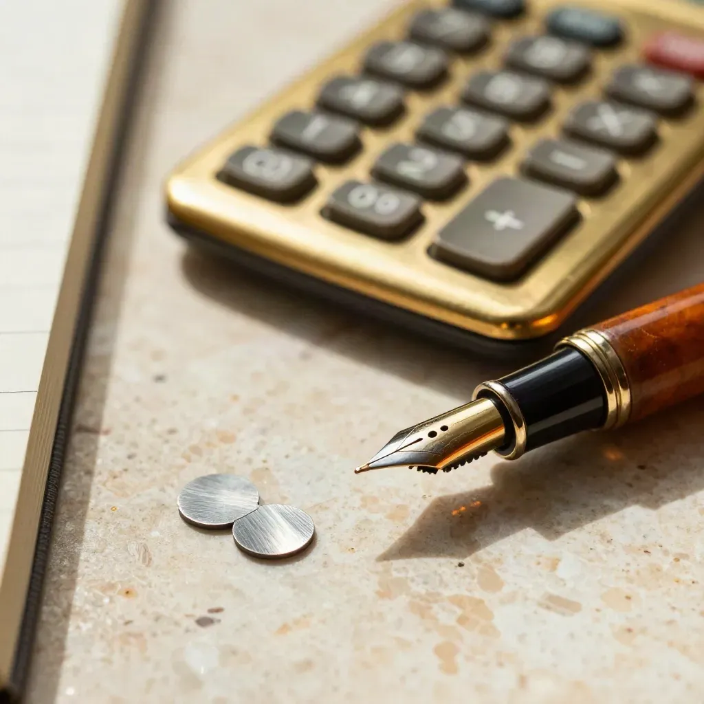 Calculadora de latón, pluma, borde de libreta y fichas de precio sobre piedra travertino.