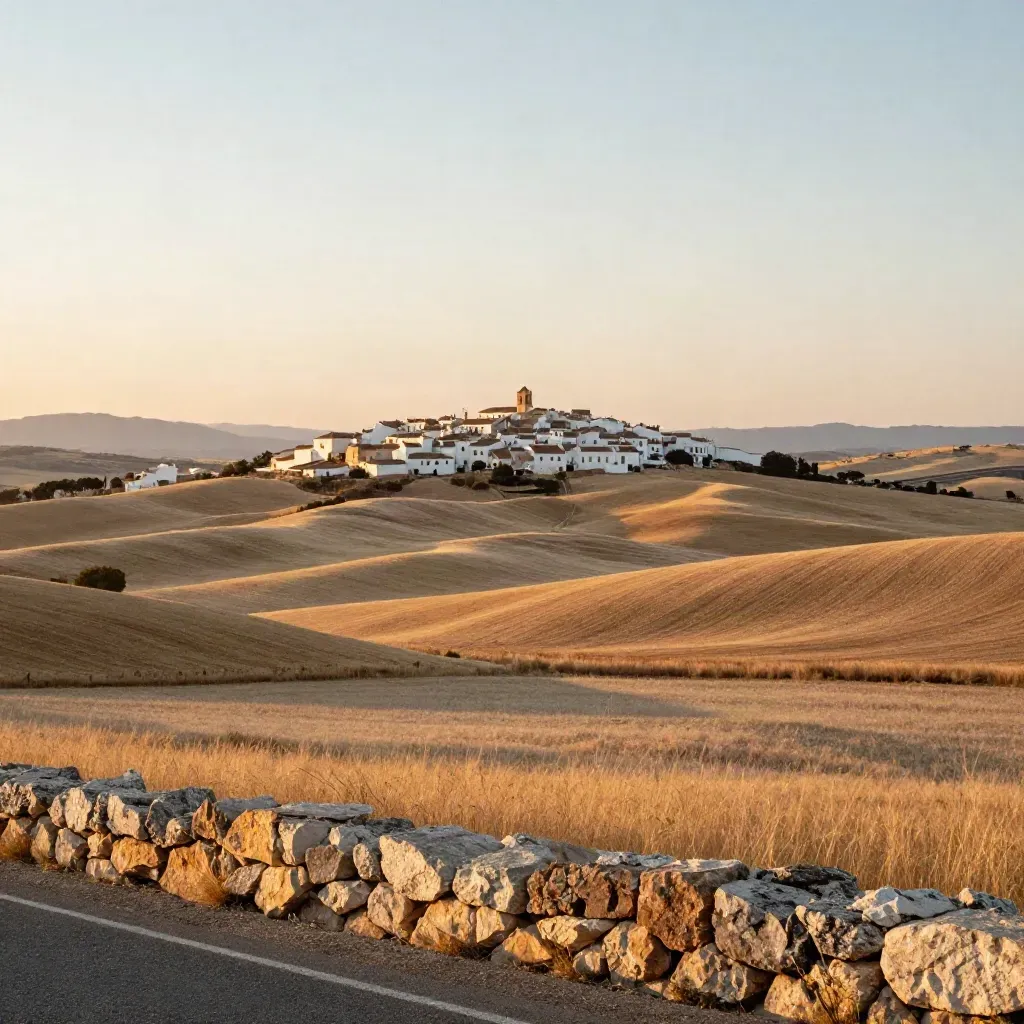 Paisaje dorado de La Alcarria conquense con colinas de cereal y un pueblo en lo alto.