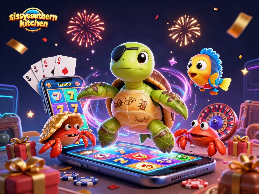 Sissy's Southern Kitchen showcases a vibrant casino scene with a turtle, crab, and fish engaging with slot games.